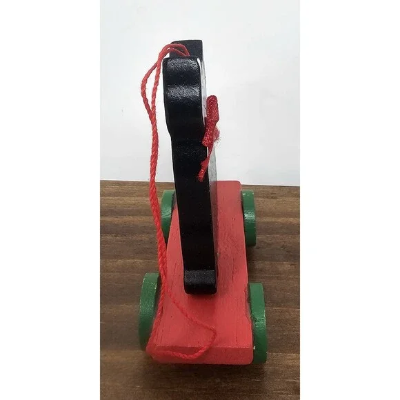 Vtg Midwest Wood Black Cat On Red Cart Christmas Ornament Shelf Sitter Pull Toy - Picture 4 of 8